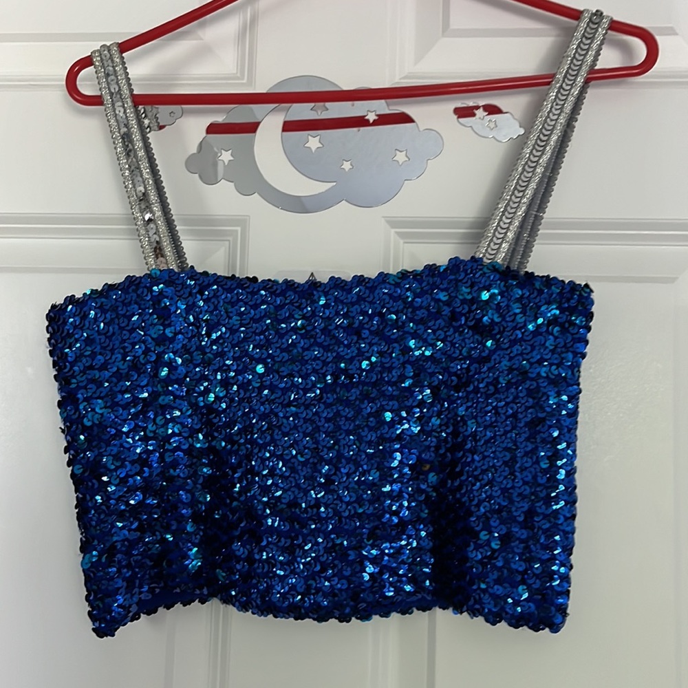 🫶🏼BLUE&SILVER 🎽ELASTIC STRETCHY SEQUINS CROP TOP BY TOPPETTES 50-60’s ATTIRE - Picture 6 of 8